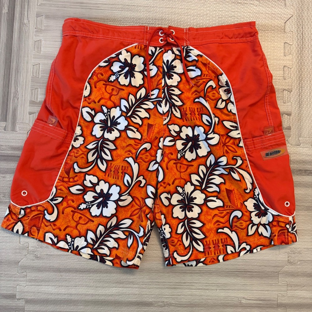 Marlin Trading Company Board Shorts Men Large Orange Hibiscus Floral Swim Trunks